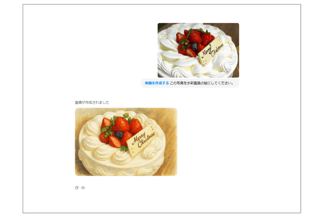ChatGPTにケーキの写真を水彩画風にしてもらった様子
