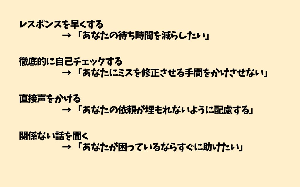 「レスポンスを早くする → あなたの待ち時間を減らしたい」「徹底的に自己チェックする → あなたにミスを修正させる手間をかけさせない」「直接声をかける → あなたの依頼が埋もれないように配慮する」「関係ない話を聞く → あなたが困っているならすぐに助けたい」と記載された画像。
