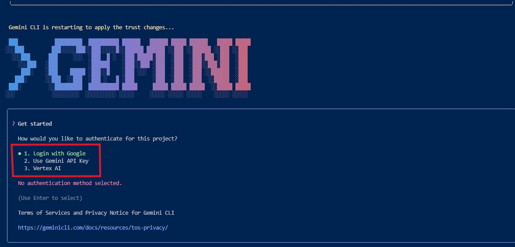 Cursorのターミナル上でgoogleにログインしようとしている画像
