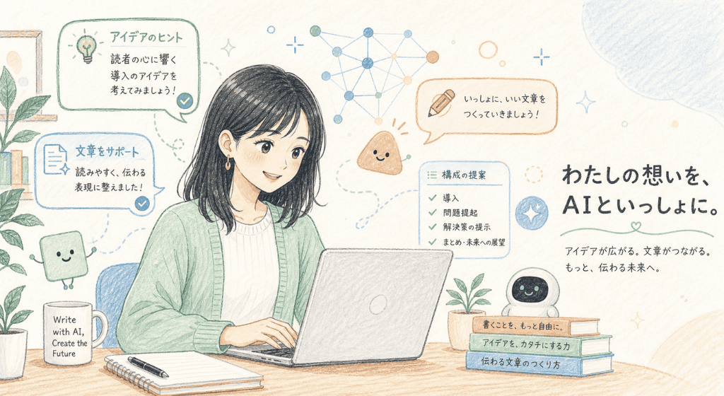 「AIと仲良くするライター」を描いてとChatGPTに頼んで書いてもらった画像