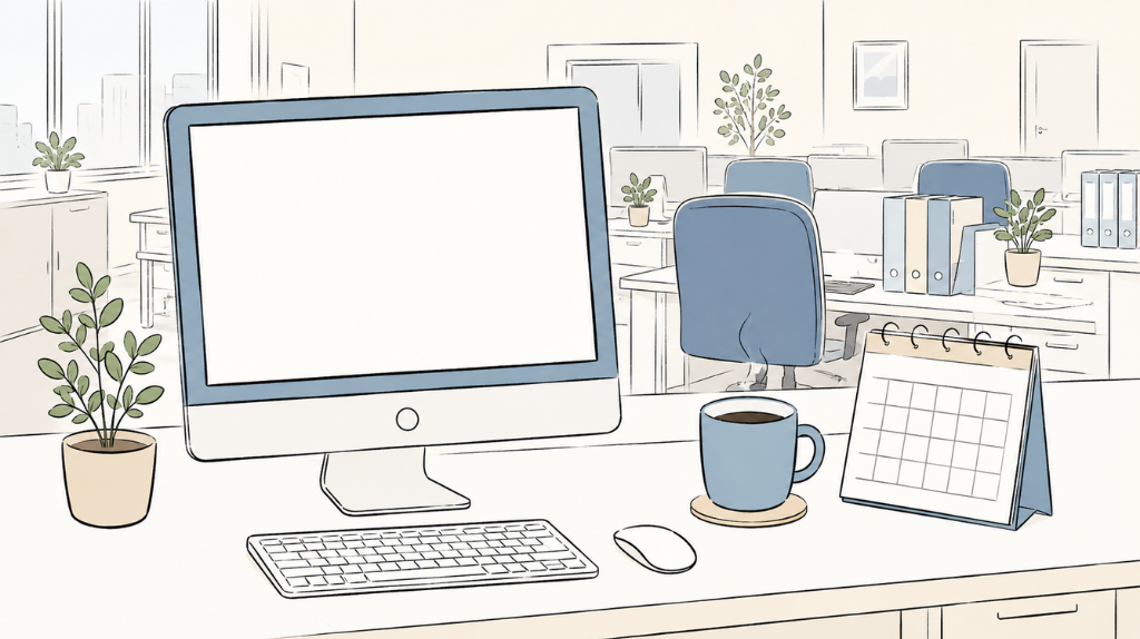 総務スタッフの午前中のデスク周り（デスクトップPC、マグカップ、卓上カレンダー）のイラスト